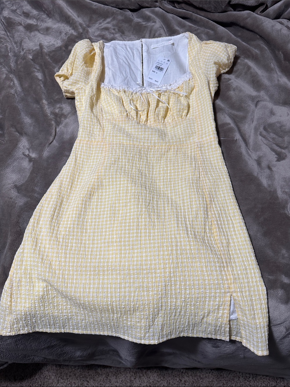 Lush Yellow Gingham Puff-Sleeve Dress